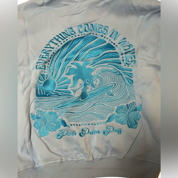 Pink Palm Puff Blue Embroidered Hoodie Everything Comes In Waves Size Large - Picture 8 of 10
